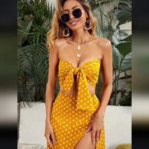 Polka Dot Tie Front Crop Tube Top & Split Thigh Skirt Set